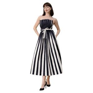 Vintage 80s Victor Costa Strapless Black & White Striped Midi Dress 100% Cotton